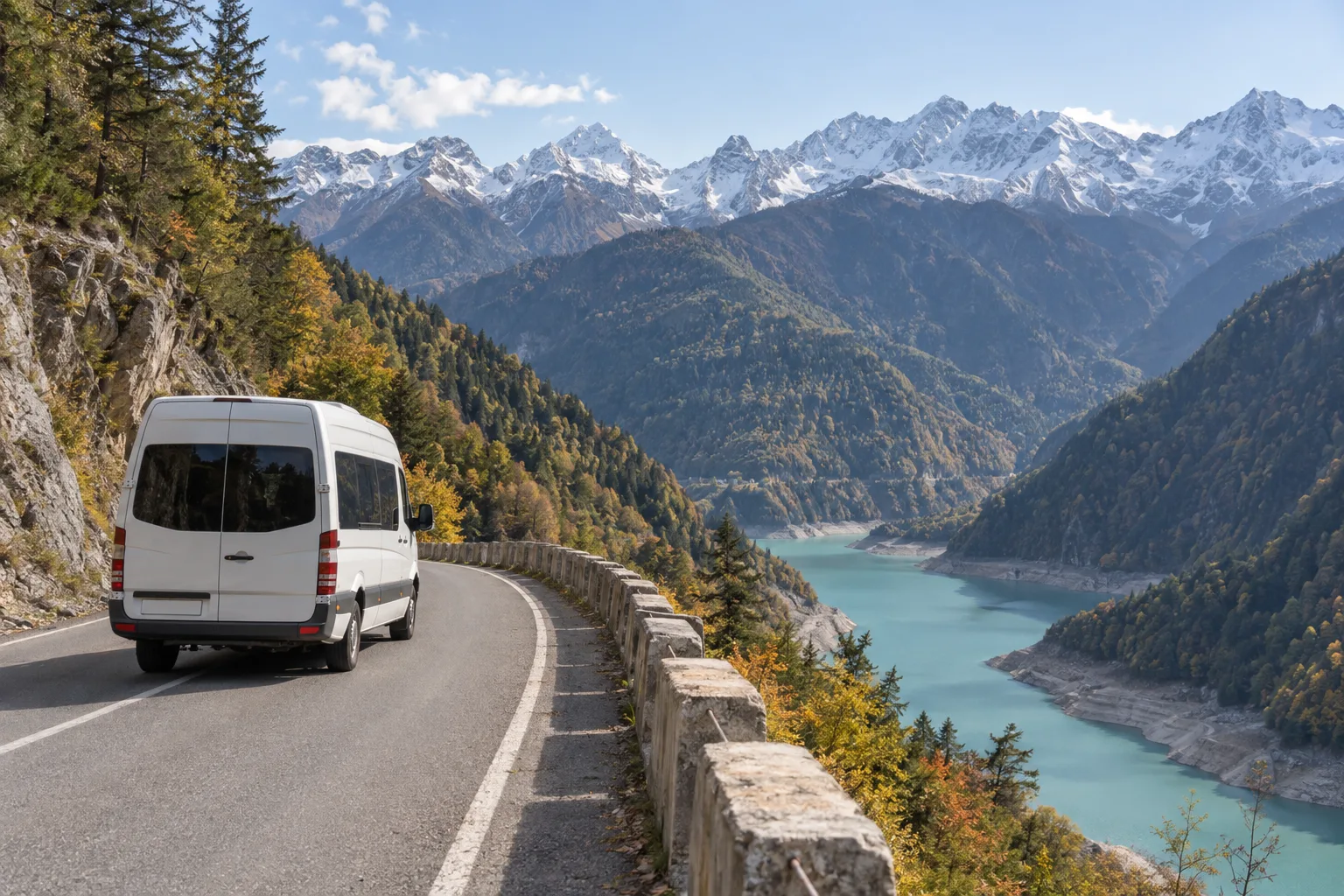 White minibus van on the sealed mountain road up the Enguri gorge towards Mestia with the turquoise reservoir far below and snow-dusted peaks ahead