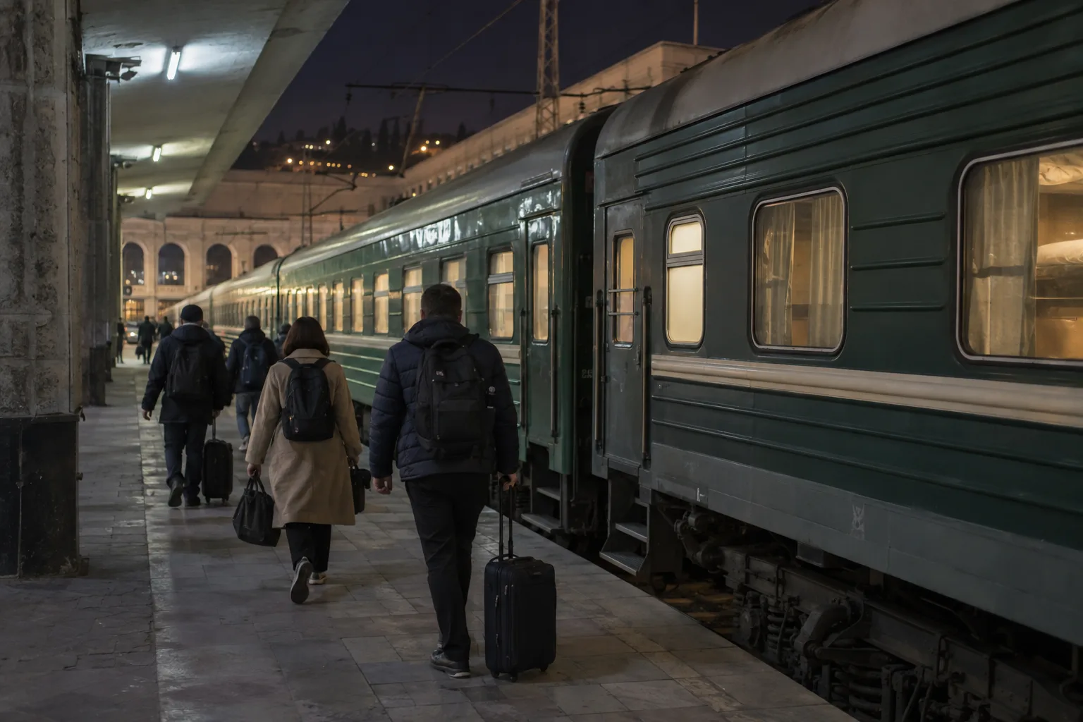 Green sleeper train standing at a dimly lit platform at Tbilisi Central station at night with passengers walking along it with bags