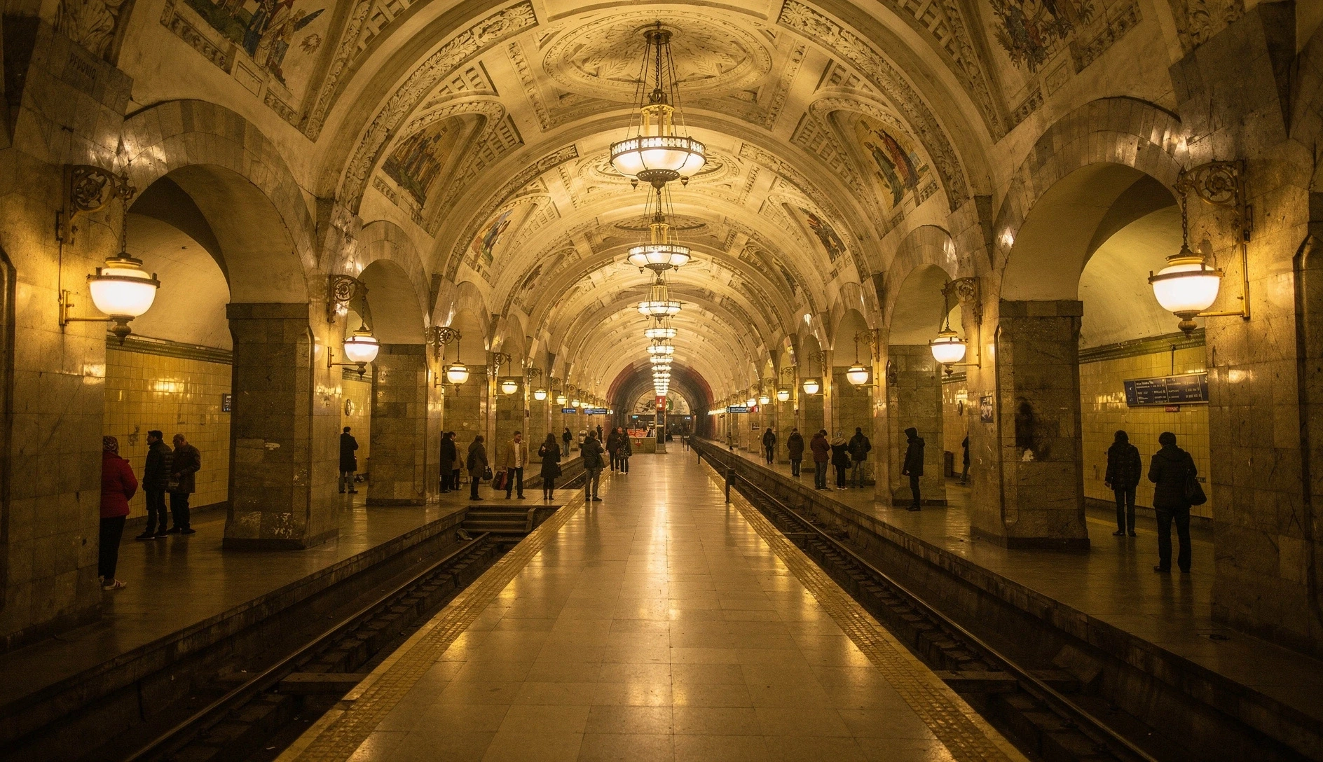 Interior of a deep underground metro station in Tbilisi with ornate Soviet-era architecture and warm lighting