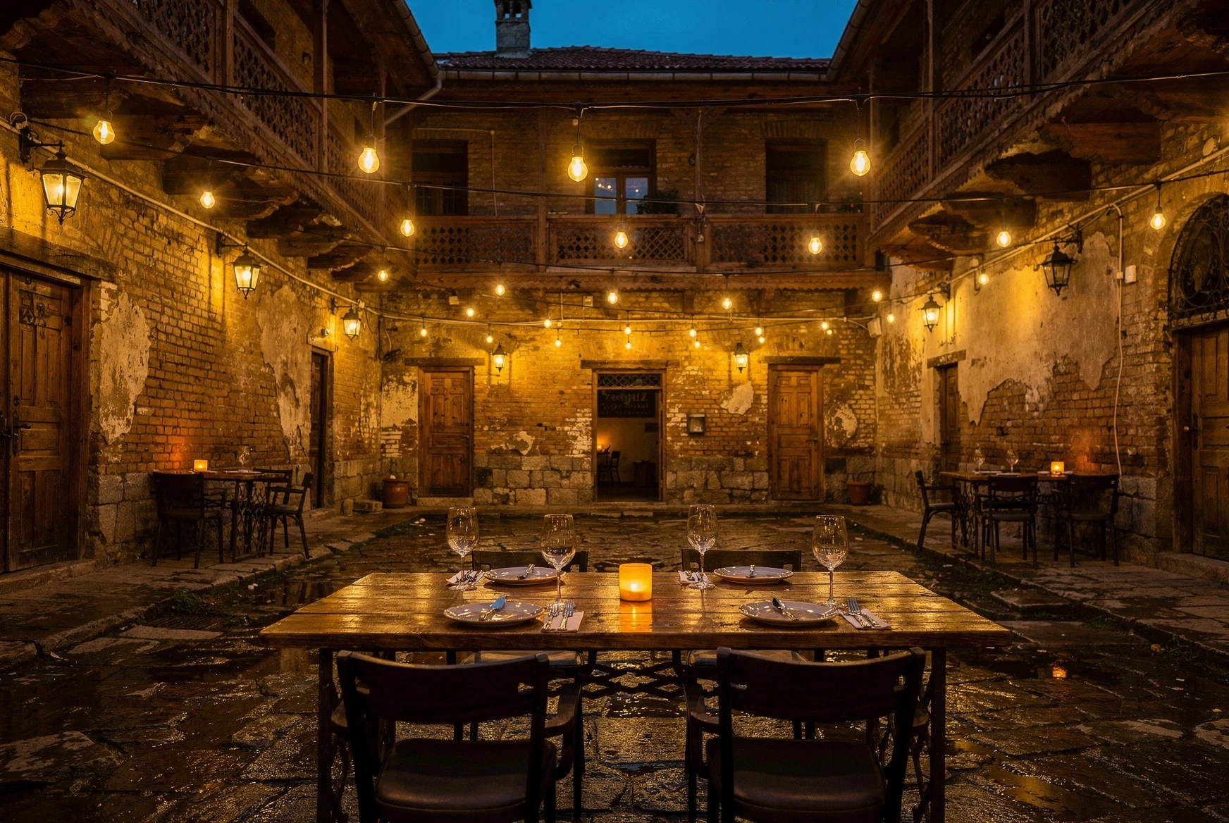 Atmospheric courtyard wine bar setting in old Tbilisi at blue hour with candles and glasses