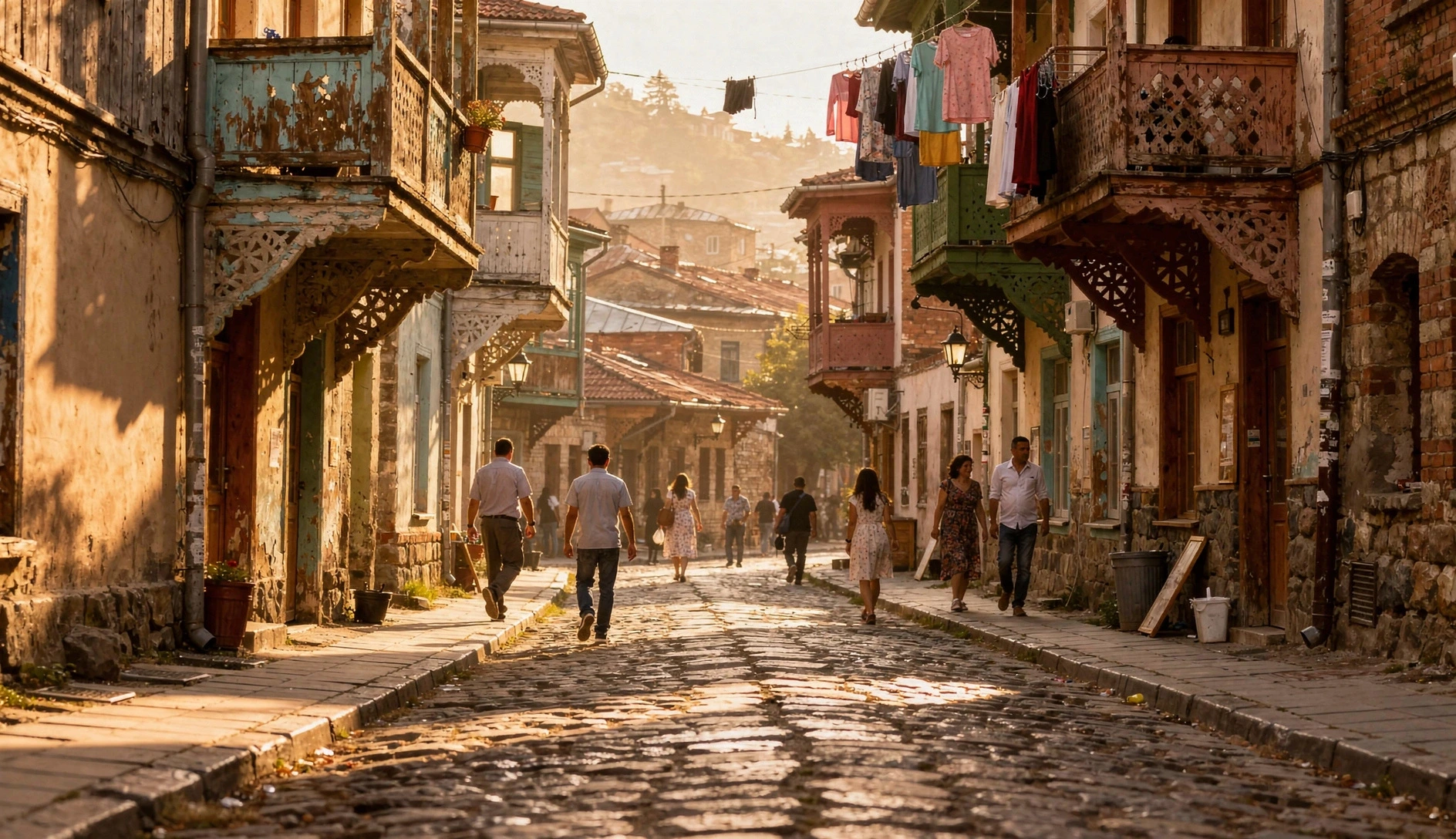Cobblestone street in Tbilisi old town with traditional wooden balconies and warm afternoon light