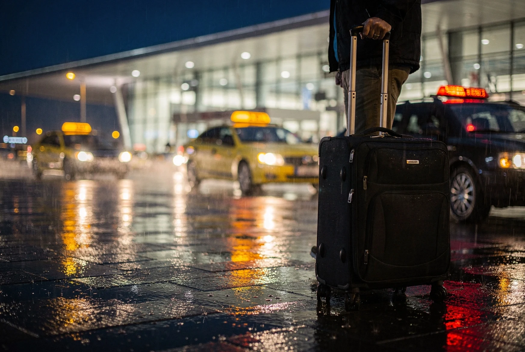 Traveler arriving in Tbilisi at night with luggage and taxi lights in the rain