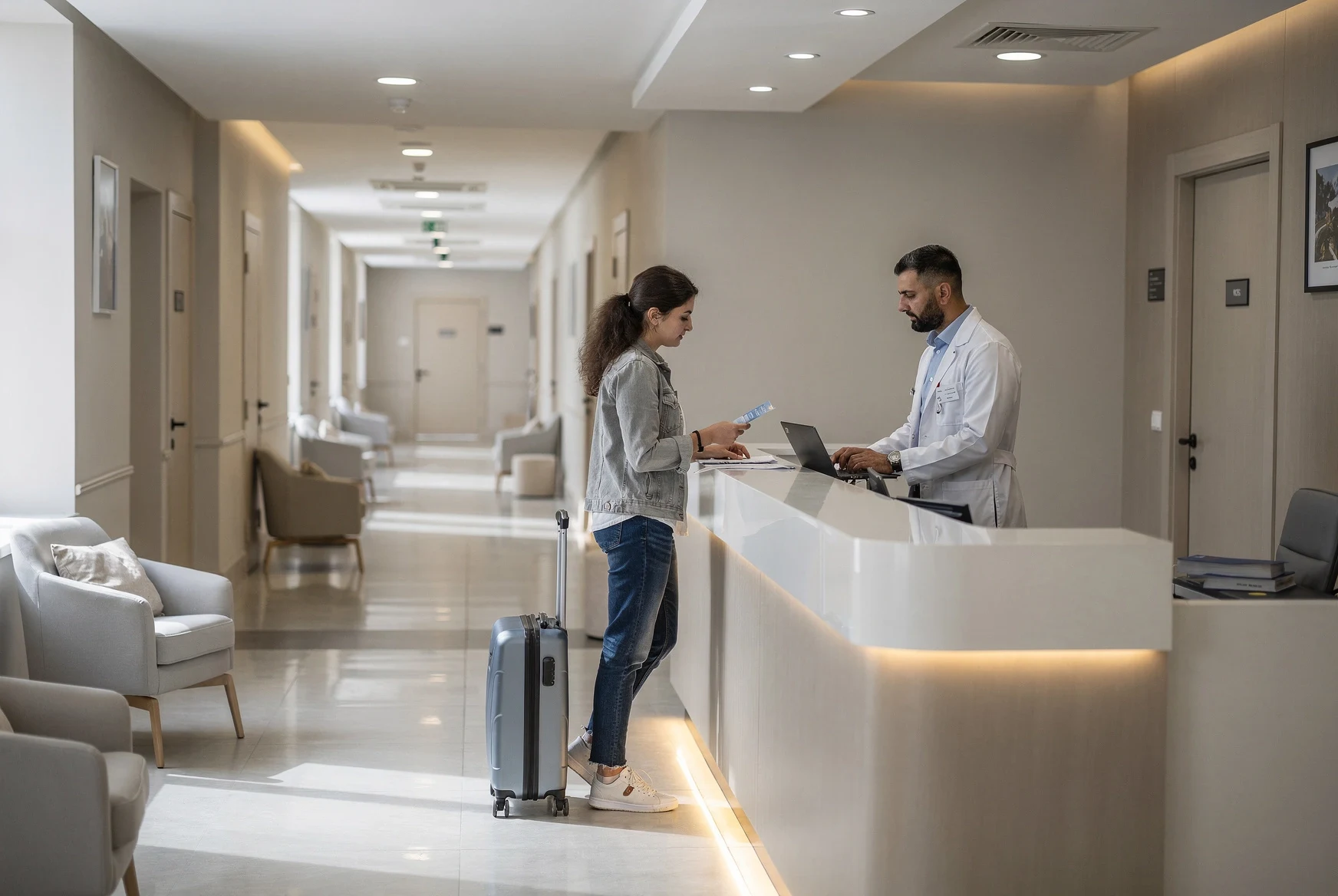 Traveler consulting with medical staff at a reception desk in Tbilisi