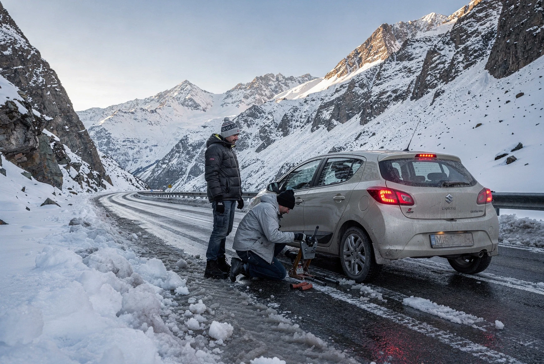 Roadside assistance on a snowy mountain road in the Georgian Caucasus