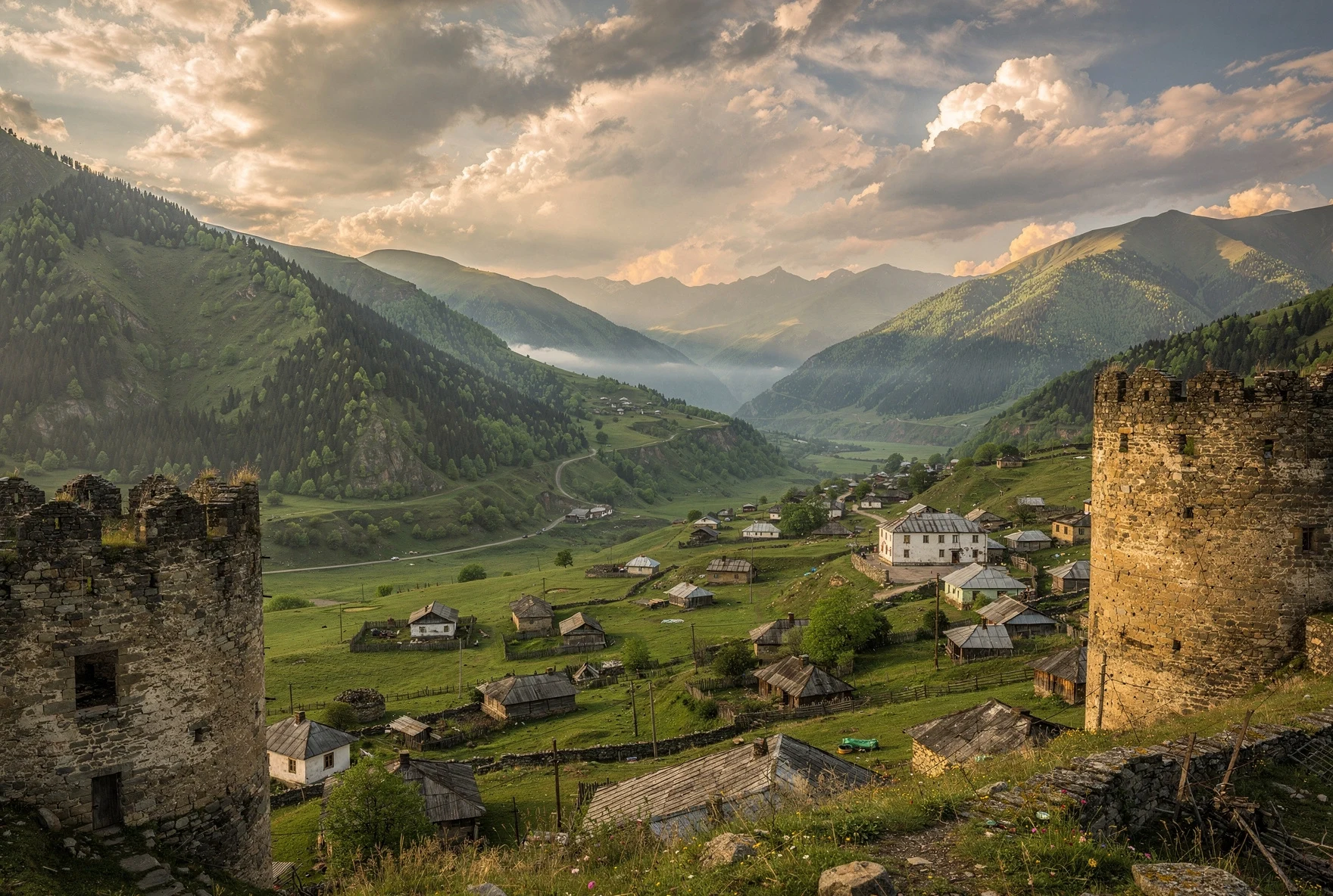 View from stone fortress towers looking down over Omalo village in Tusheti, with green valley and forested mountain slopes