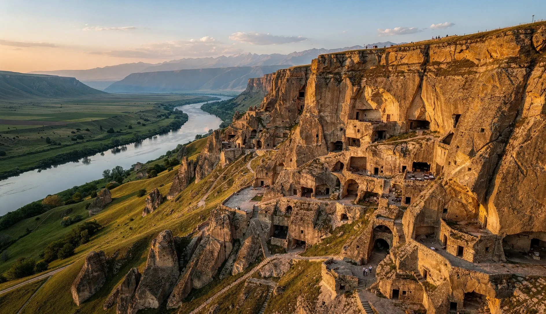 Aerial view of an ancient rock-hewn cave city carved into sandstone plateau overlooking a river valley in the Caucasus at golden hour