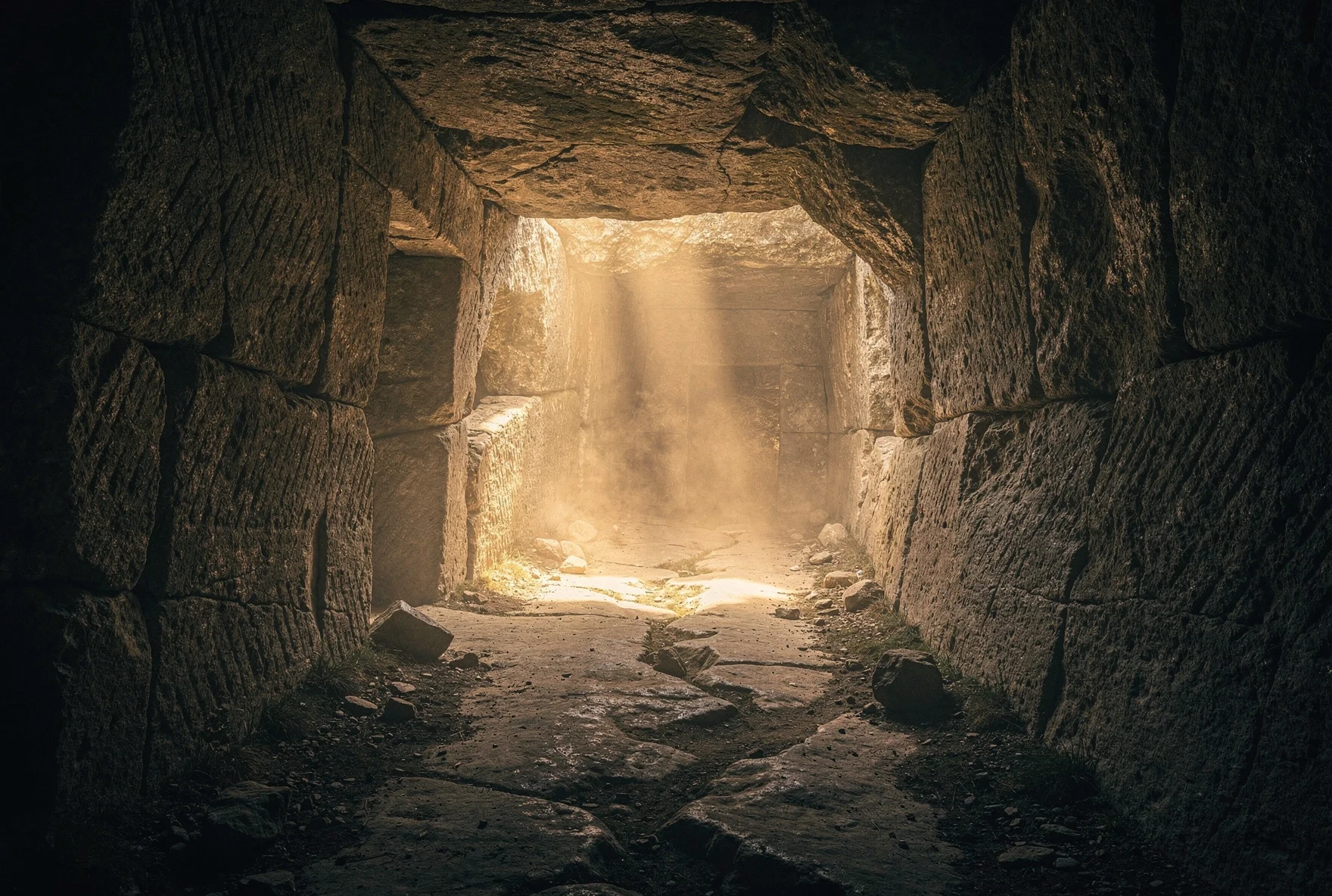 Ancient stone tunnel with light streaming through from the far end, showing rough-hewn rock walls