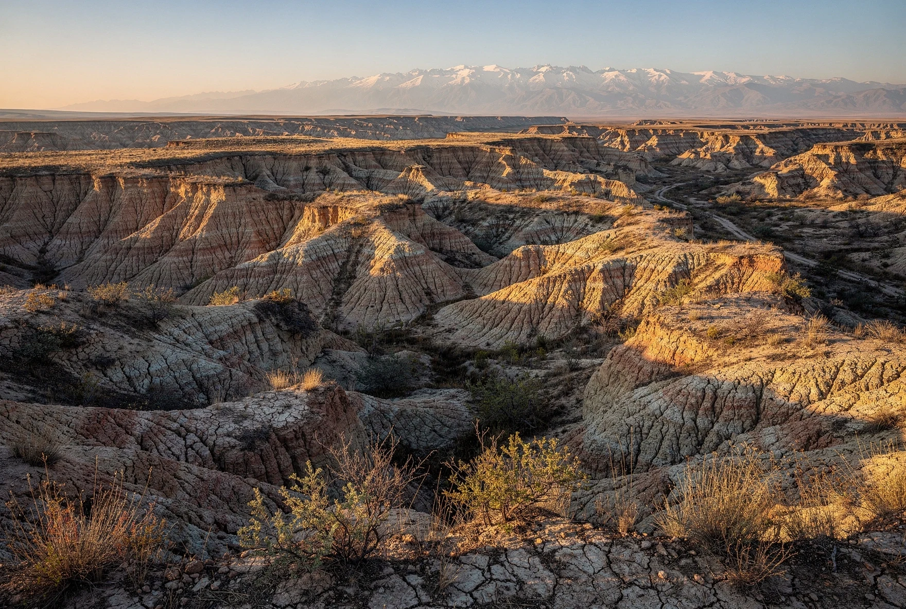 Semi-desert badlands landscape in Vashlovani National Park, eastern Georgia, with Caucasus mountains in the distance