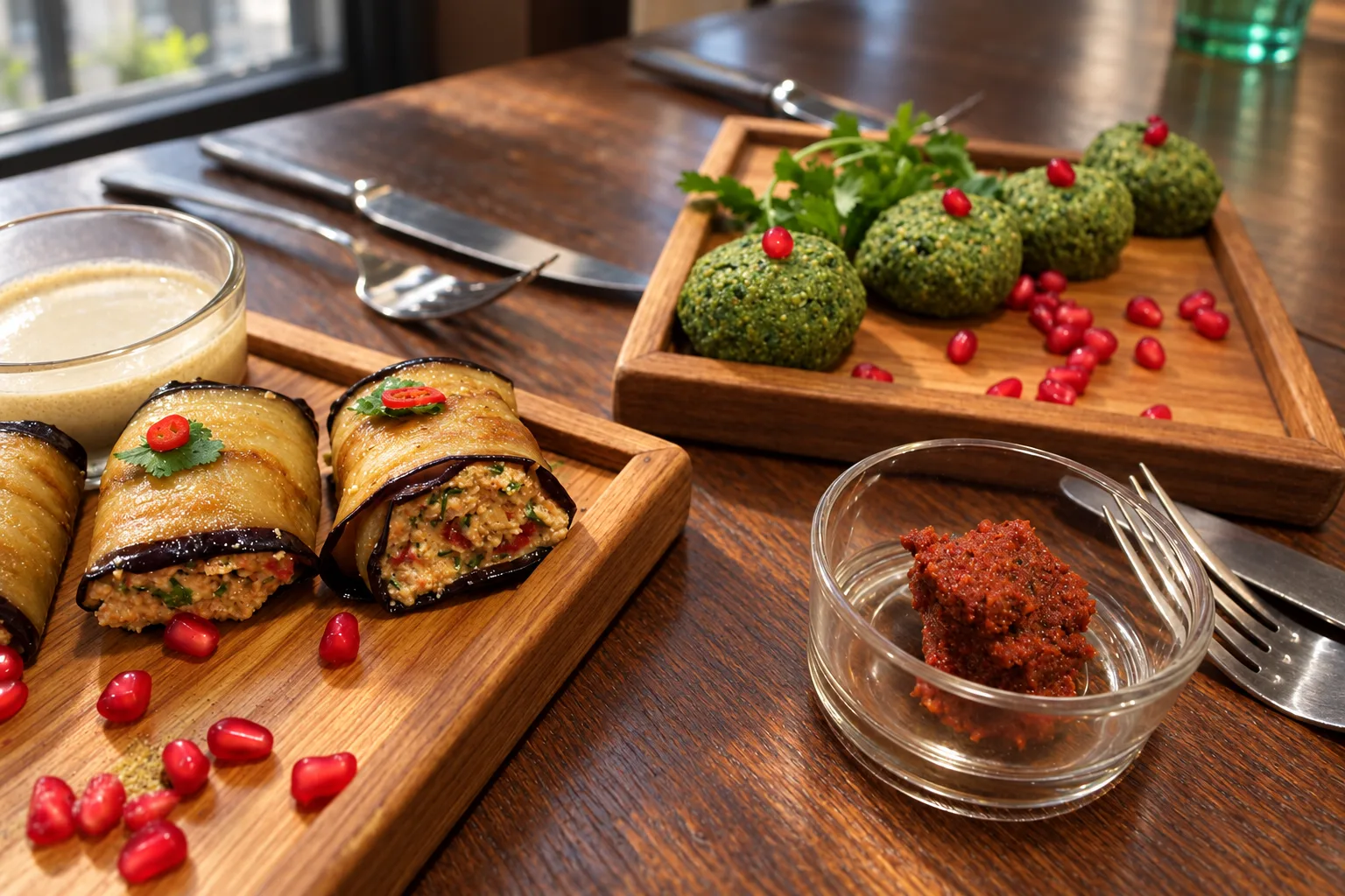 Badrijani rolls and green pkhali balls with pomegranate seeds on wooden boards in a Tbilisi restaurant