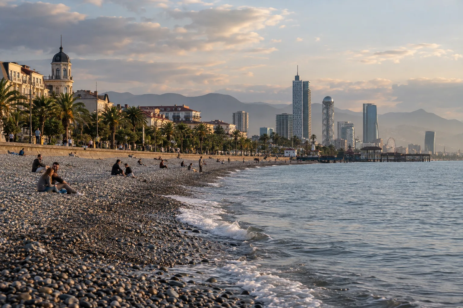Batumi seafront from the pebble beach at the old boulevard end, palm-lined promenade and low old-town rooftops with glass towers further along the bay