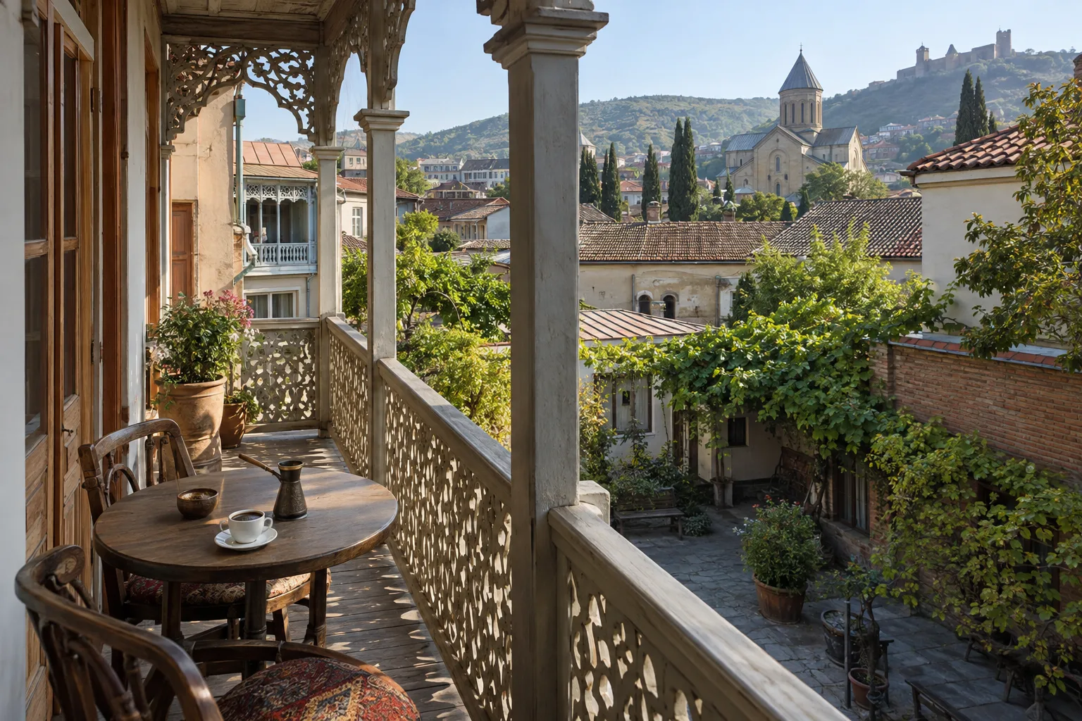 Carved wooden balcony of an old Tbilisi guesthouse above a vine-covered courtyard, with tiled roofs and a church dome beyond