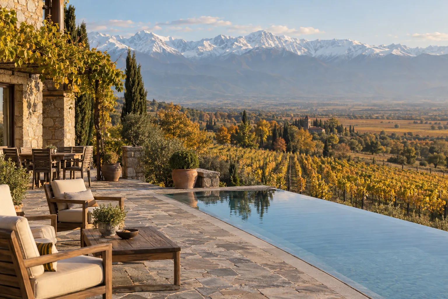 Stone terrace and pool of a wine estate hotel above rows of yellowing autumn vines in the Alazani valley, with the snow-capped Greater Caucasus along the horizon