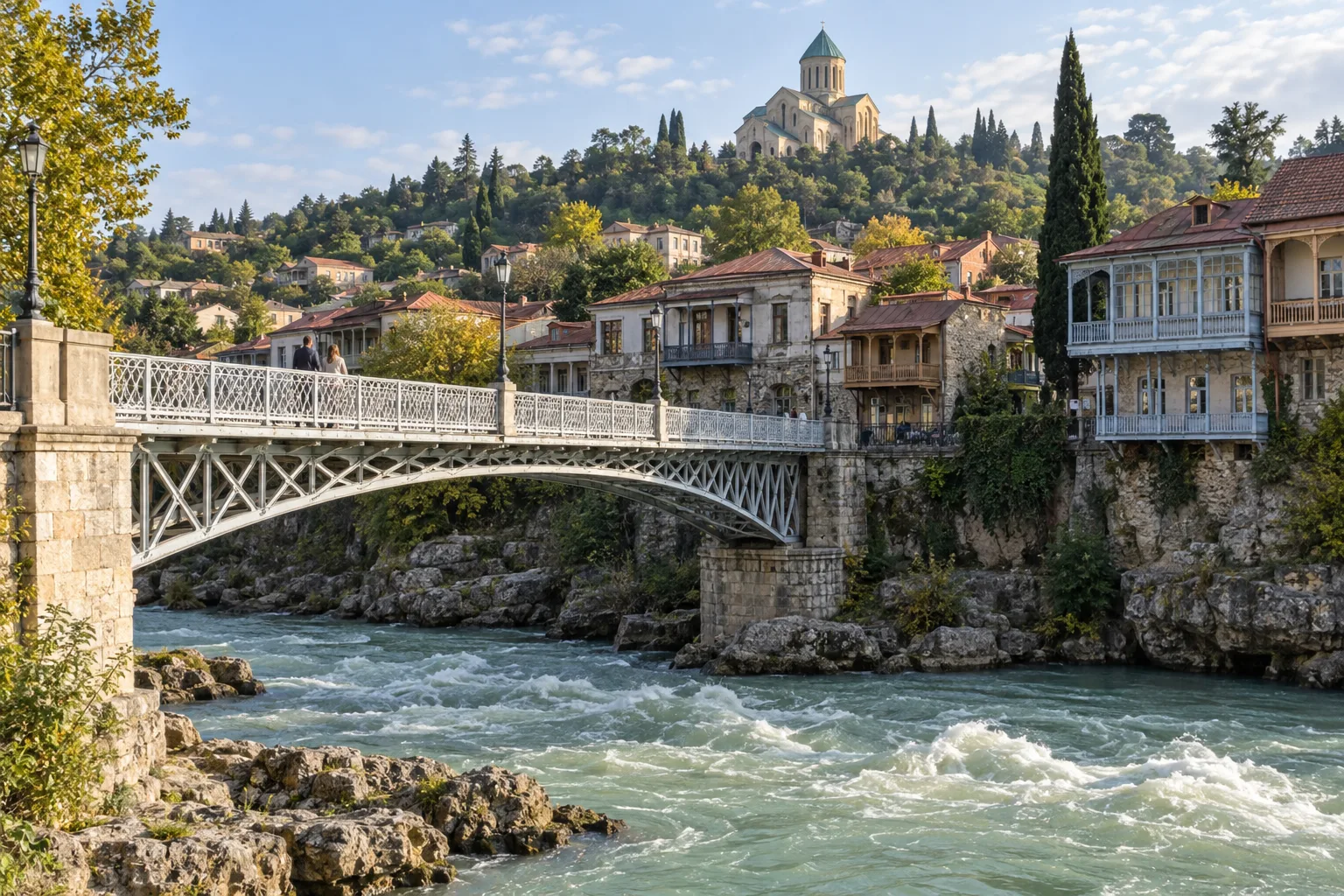 The White Bridge over the fast green Rioni in Kutaisi with wooden-balconied old houses on the far bank and Bagrati Cathedral on the hill above