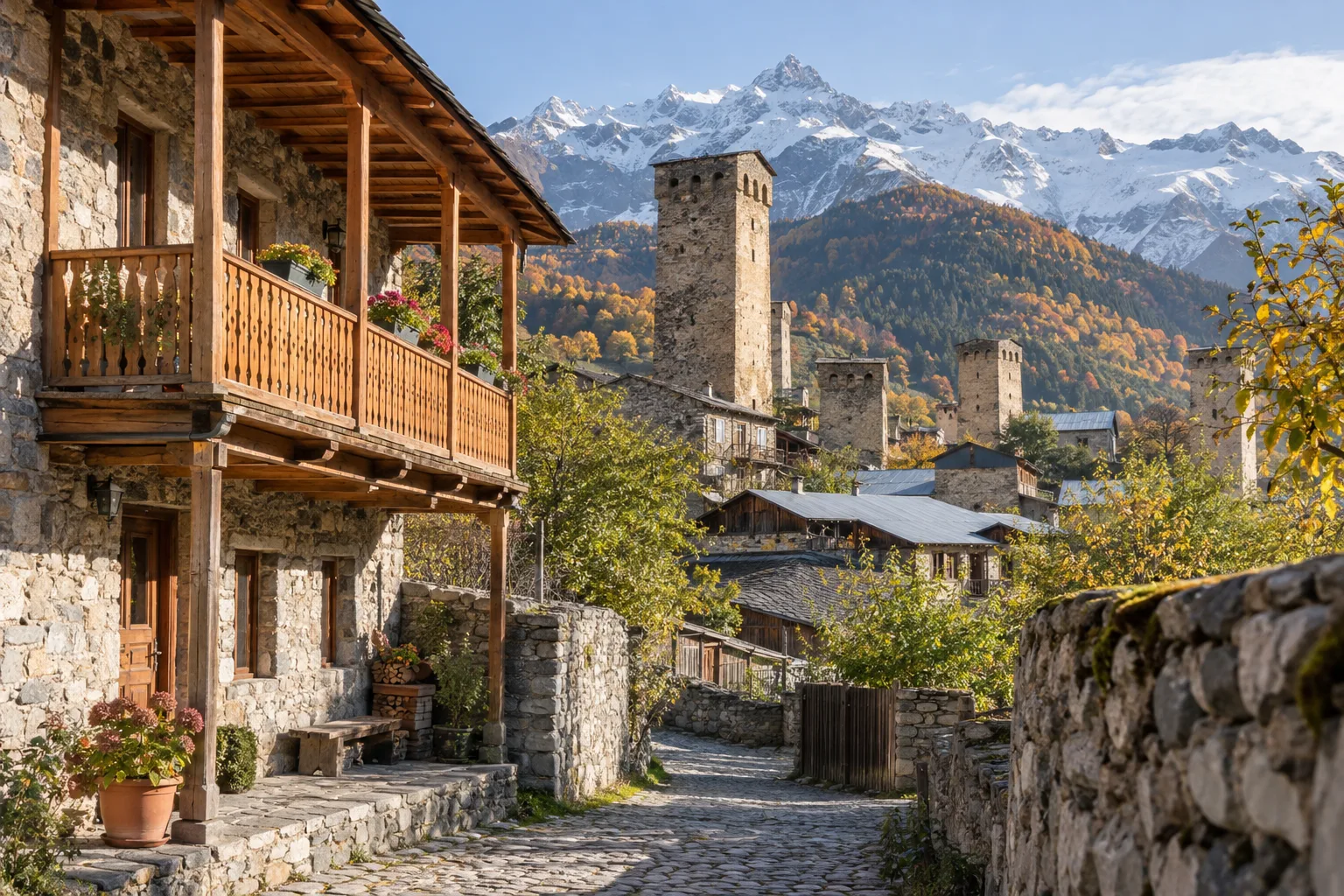 Stone guesthouse with a carved wooden balcony on a cobbled lane in Mestia, medieval Svan towers and snow-covered peaks behind it in autumn light