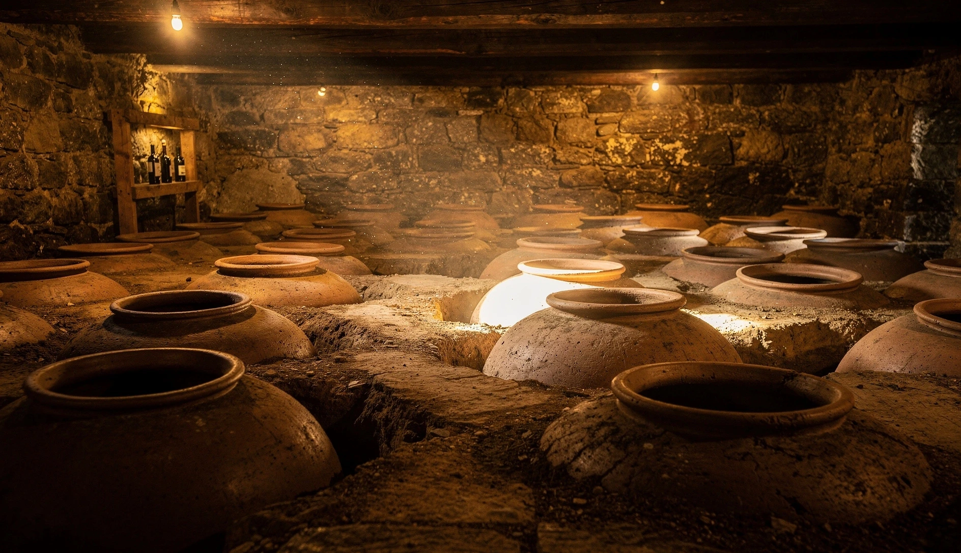 Traditional Georgian wine cellar with clay qvevri vessels buried in the earthen floor
